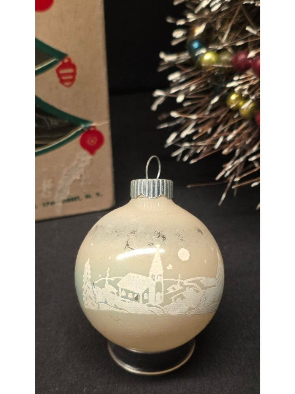 Vintage Shiny Brite Church Scene Stenciled Christmas Ornament White Blue Ombre